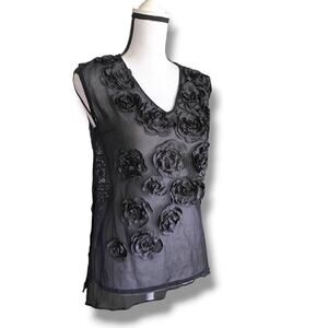 Y2k Tracy Reese Black Sheer Chiffon & Lace Rosette Sleeveless Blouse Top Sz S